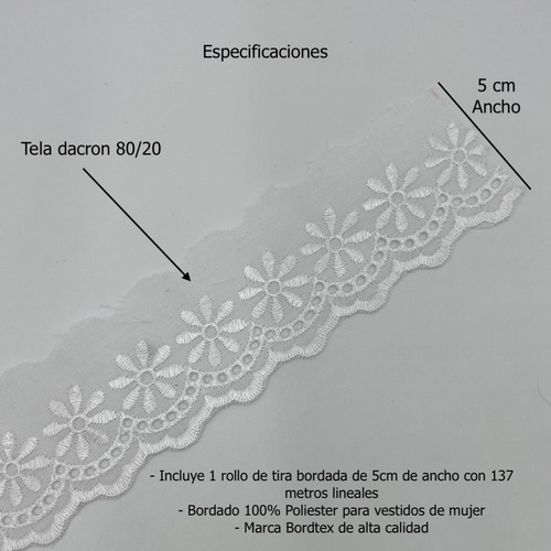 Encaje Tira Bordada Bordtex 754482 5cm Rollo De 137mts