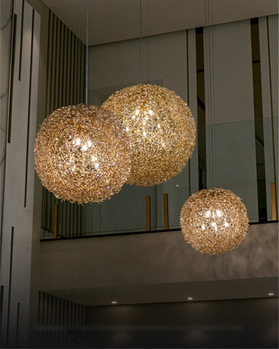 Luminárias Esféricas Cristal 2x Dourada Pé Direito Duplo