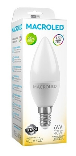 Macroled Lampara Led Vela C37 6w Blanco Cálido 3000k E14