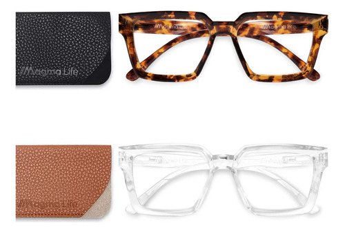 Set de 2 Lentes Para Computadora Magma Life con Filtro Antiluz Azul y Protección UV400 Ligeros, Resistentes, Sin Aumento, Incluye 2 Estuches Elegantes, diseño cuadrado ideal para todo tipo de rostro