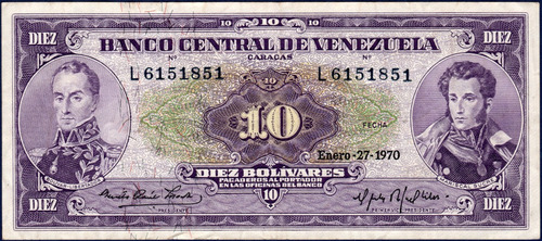 Billete 10 Bolívares L7 Enero 27 1970 Simón Bolívar Y Sucre