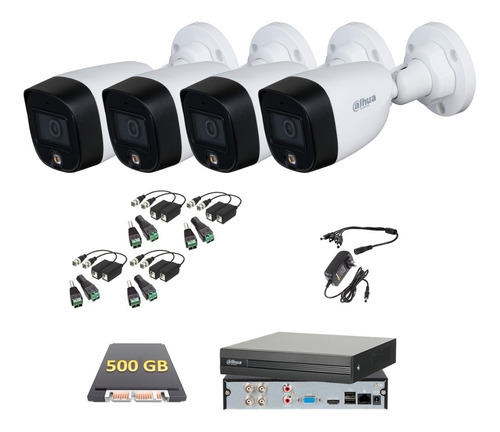 Kit Cctv 4 Cámaras Dahua 2 Mp 1080p Full Color Baluns 500 Gb