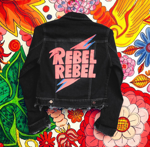 Campera Jean Mujer Negra Estampado David Bowie Rebel Rebel