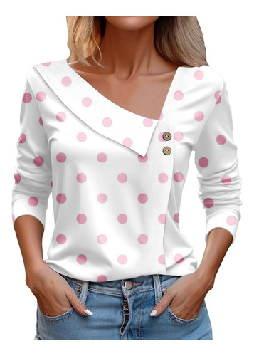 Camiseta W Tops De Manga Larga Con Cuello En V Y Botones Est