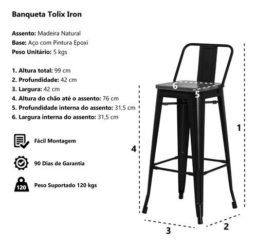 Imagem 10 de 10 de Banqueta Tolix Iron Assento Madeira Preto Fosco