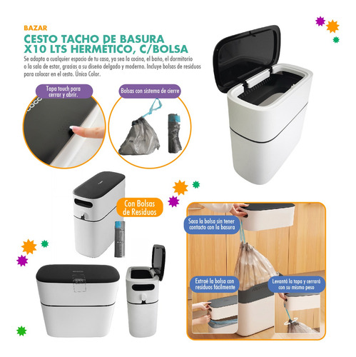 Cesto Tacho De Basura, Hermético, 10lts C/bolsa Ecoco, 13748 Blanco