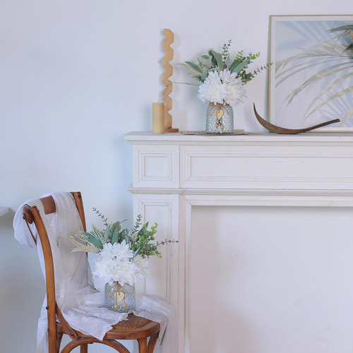 Jarrón Flores Eucalipto Sauce Artificiales Decoración Blanco