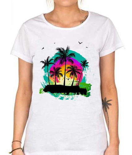 Remera De Mujer Palmeras Color Watercolor Playa Tropical