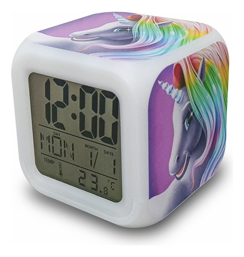 Reloj Con Despertador Unicornio Cambia Color Termometro