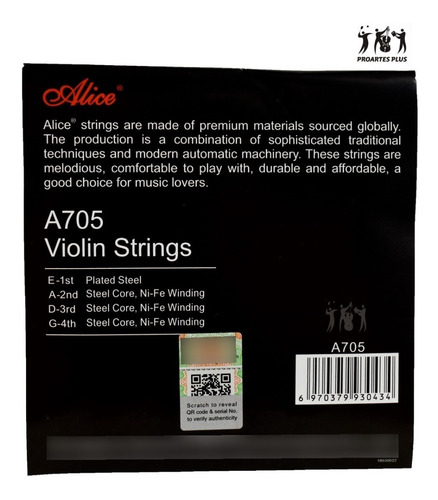 Imagen 3 de 3 de Encordado Violin 4/4 Alice A705