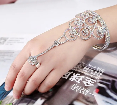 Pulseira Anel Bracelete Cristal Fashion Strass Noiva Linda