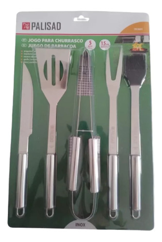 Kit Churrasco Inox 5 Pç Pegador Garfo Faca Espátula Escova