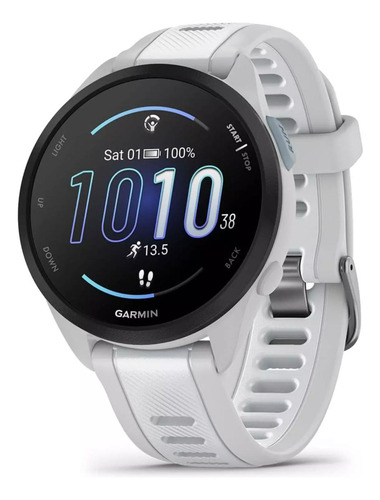 Reloj Garmin Forerunner 165 Music Amoled Whitestone con bisel blanco, diseño de pulsera deportiva negra