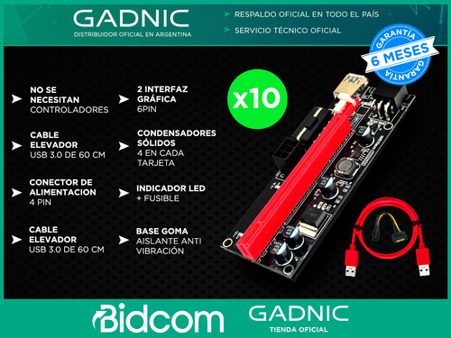 Kit X 10 Riser Ver 009s 6pin 16x Usb Eth Btc Cripto Mineria