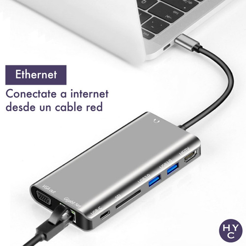 Imagen 8 de 10 de Hub Usb C Multipuerto 8 En 1 Hdmi Vga Audio Sd Usb 3.0 C Red
