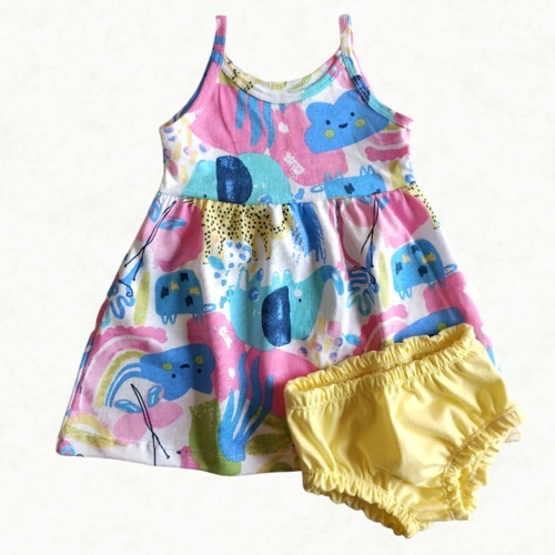 Imagen 2 de 6 de Vestido Solero Con Bombacha Cubrepañal Bebe Beba Nena Zafari