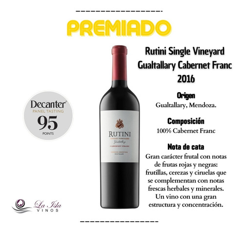 Imagen 2 de 10 de Vino Rutini S. V. Gualtallary Cabernet Franc 2016 - Premiado