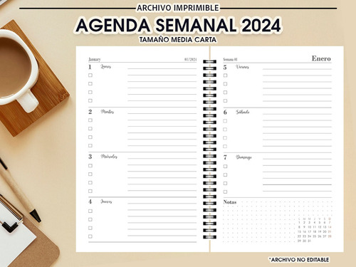 Agenda Semanal 2024- Archivo Imprimible Para Encuadernadoras