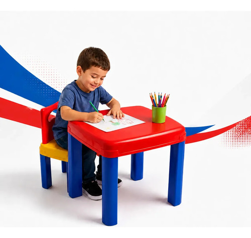 Mesa e Cadeira Infantil Quadrada Colorida de Plástico Balderman para 1 Criança