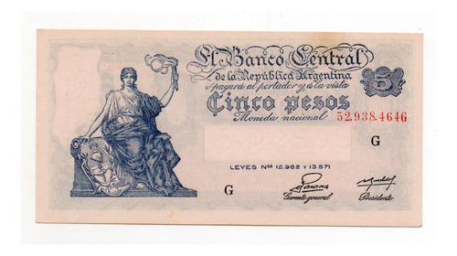 Billete 5 Pesos Moneda Nacional Progreso Bottero 1865 Sc-
