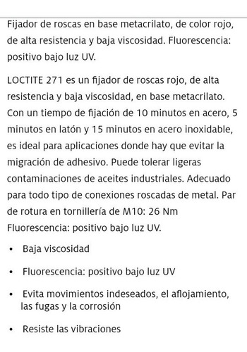 Imagen 3 de 3 de Trabarosca Loctite 271 Rojo Alta Resistencia 50ml Usa