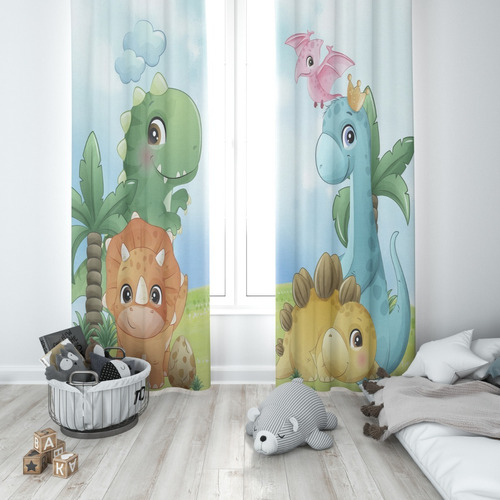 Cortina Quarto Infantil Oxford Dino Baby Turminha- 220x140cm Cor Colorido