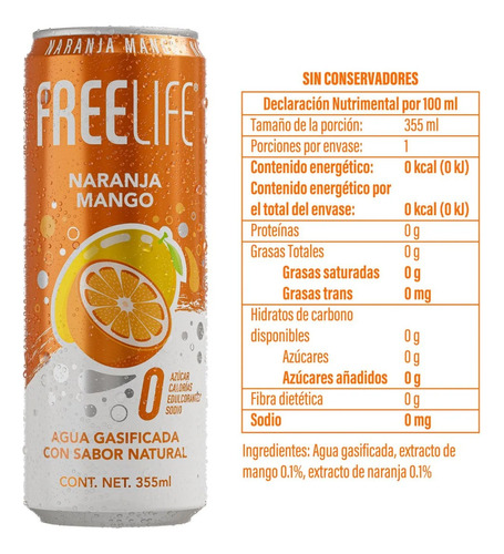 Agua Gasificada Freelife 6 Pack 355ml Sabor Naranja Mango