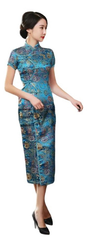 Vestido Tradicional Chino Qipao Cheongsam Azul Con Adornos