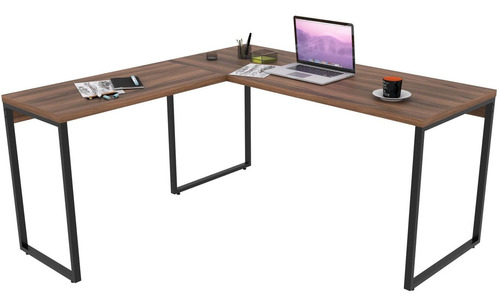 Mesa Para Escritório Home Office Estilo Industrial Em L Form 150x150cm Nogal - Lyam Decor