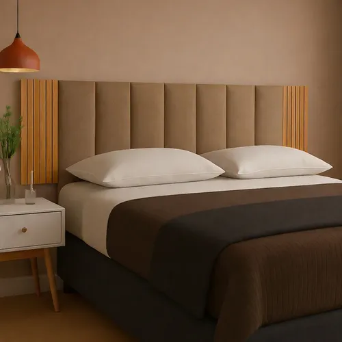 Cabeceira Modular + Painel Ripado Mdf Para Cama ​Box Casal  Bege + Freijo King 12 Peças (4 Rip + 8 Cab)