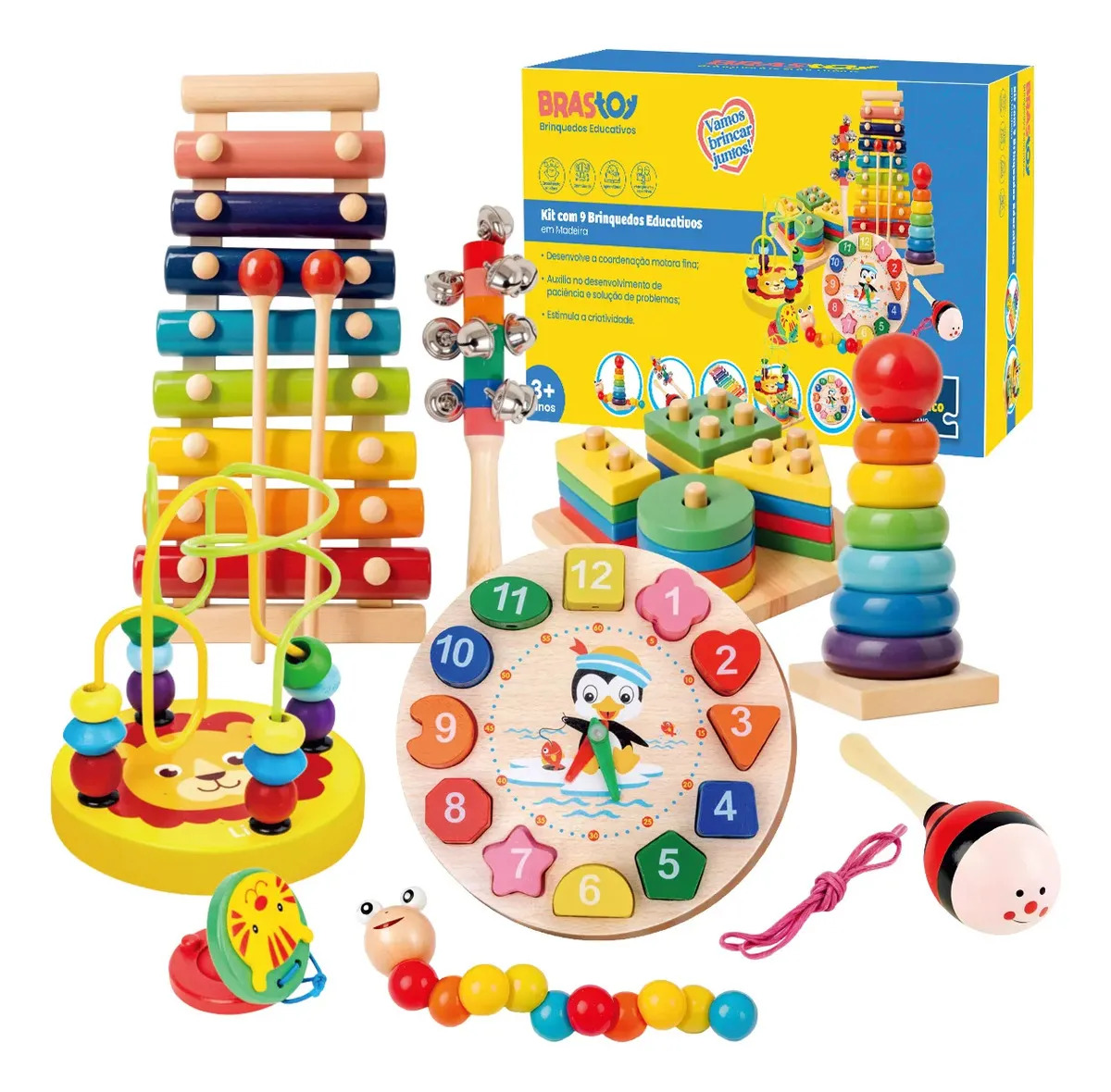 Brastoy Kit 9 Brinquedos Montessori Pedagogico De Madeira Amarelo