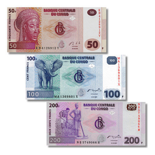 Colección De 3 Billetes De Congo 50, 100 Y 200 Francos Sin C