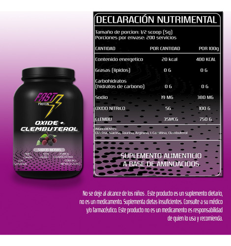 Óxido Nítrico + Clembuterol Fast Protein 1kg Pre Entreno Moras