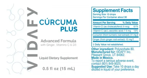 Suplemento Vidafy Turmeric Curcumin Plus W/ Bioms, Líquido D