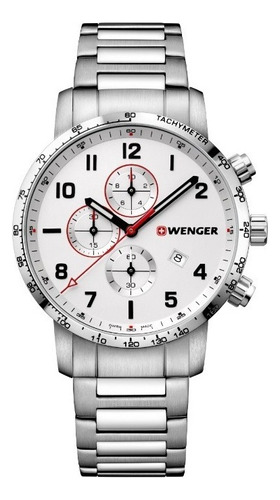 Wenger Reloj Attitude Chrono, Blanco, 44 Mm Correa Plateado Bisel Plateado Fondo Blanco