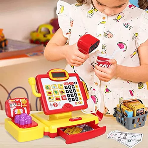 FS Caja registradora de juguete para niños, juego de supermercado con  calculadora real, Play Store Caja registradora para niños con escáner y  tarjeta