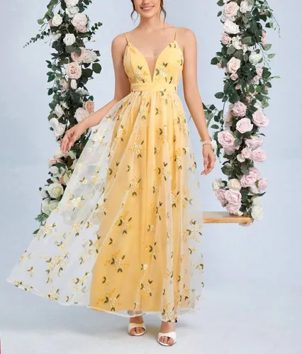 Vestido Longo Tule Bordado Floral Festa Casamento Formatura