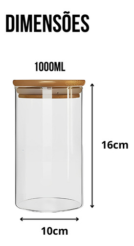 Kit 03 Potes Hermético De Vidro Com Tampa De Bambu 1000ml