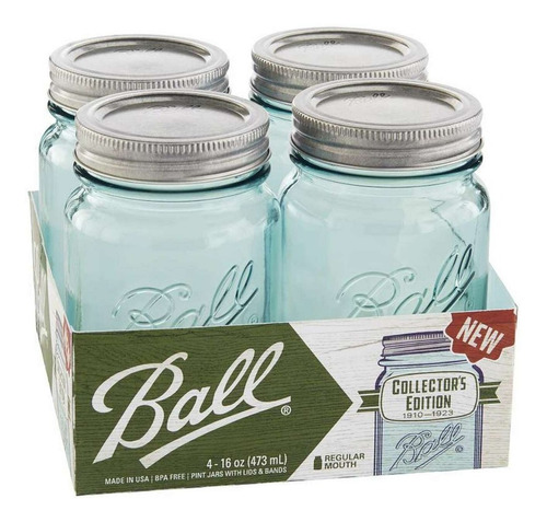 4 Pack Frascos Mason Jar Ball Vintage Azul Boca Regular 16oz
