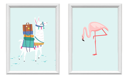 Kit 2 Quadro Decorativo Lhama E Flamingo 34x44cm C/ Moldura Cor Colorido Cor da armação Branco