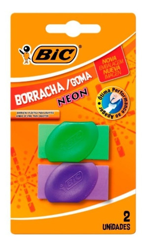 Borracha Bic Goma Neon Kit 2 Unidades Tk Plast Escolar