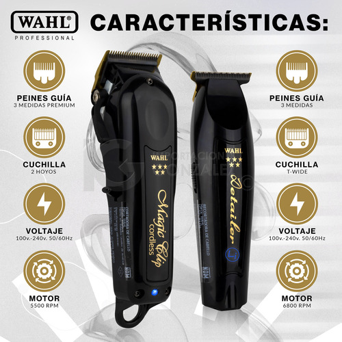 Máquinas sem fio pretas Wahl® Barber Combo Original com cortador de hologramas Magic Clip + Trimmer Detailer Li para barbearia