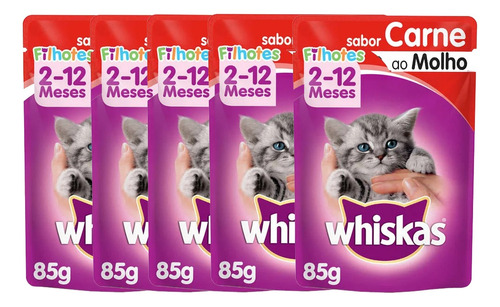5 Whiskas Sachê Gatos Filhotes Carne E Molho 85g