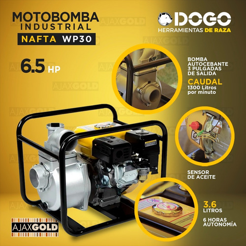 Imagen 2 de 6 de Motobomba Industrial Nafta 6,5 Hp Dogo Agua 1000 L/min Prof.