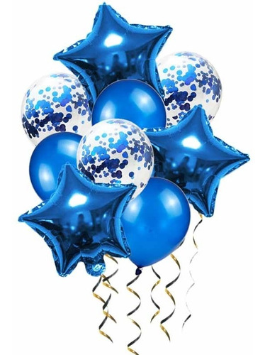 Set 9 Globos Estrella Metalizado Transparente Confetti Azul