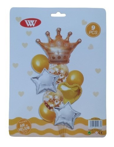 Set X7 Globos Metalizado Confeti Corona Dorada