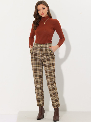 Pantalón Mujer Recto A Cuadros Vintage Con Cintura Elástica