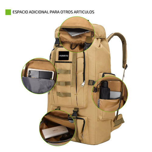Imagen 4 de 9 de Mochila Tactica Camping 70-100 Lts Mochilero Ampliable Color Caqui