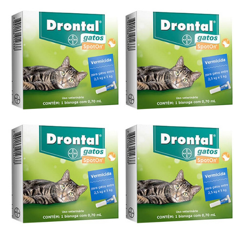 4 Drontal Gatos Spot On 0,7ml Vermífugo 2,5- 5,0kg Bayer