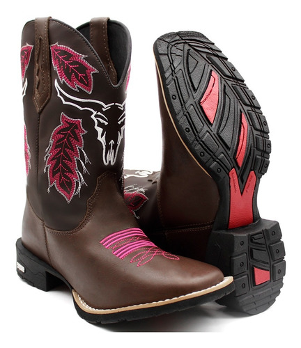 Bota Texana Bico Quadrado Feminina Country Em Couro Oferta